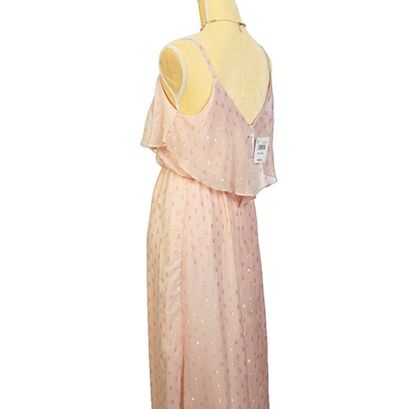 Maxi Blush/Gold Dress Spaghatti Straps Ruffled Front & Back Sz S - Picture 8 of 8